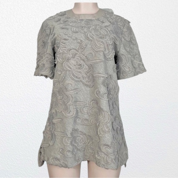 Pearl By Lela Rose Embroidered Chenille Silk Trim Jersey Knit TShirt SZ M Gray - Picture 3 of 12
